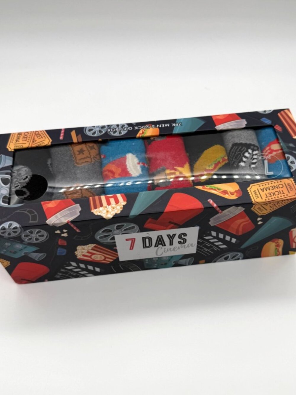 7 Days Cinema Men’s 7 Pack Novelty Movie Food Socks Gift Box Size L